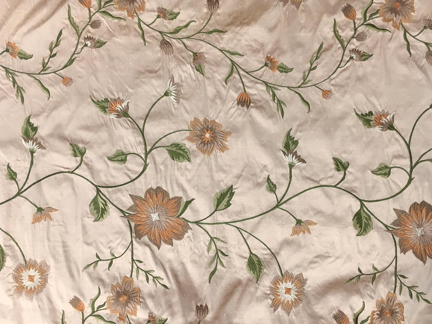 Iridescent Embroidered Silk Shantung with Flowers on Vines0