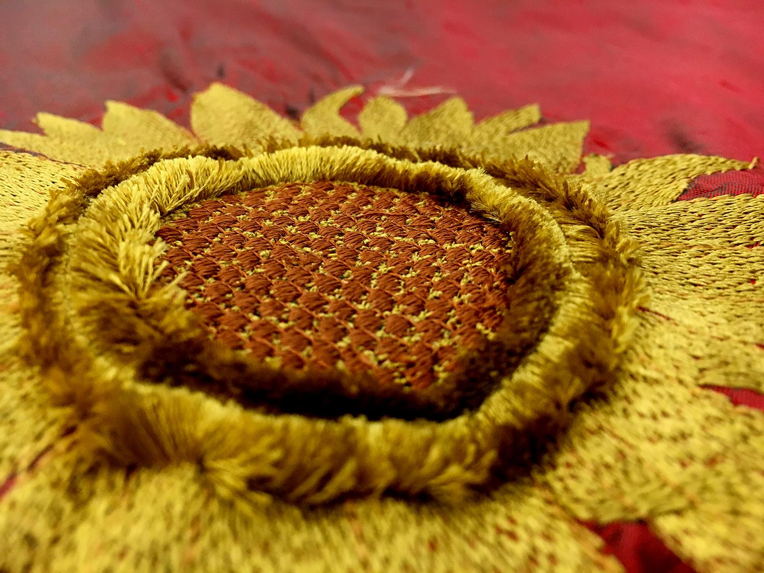 Embroidered Iridescent Silk Shantung with 3D Sunflowers2