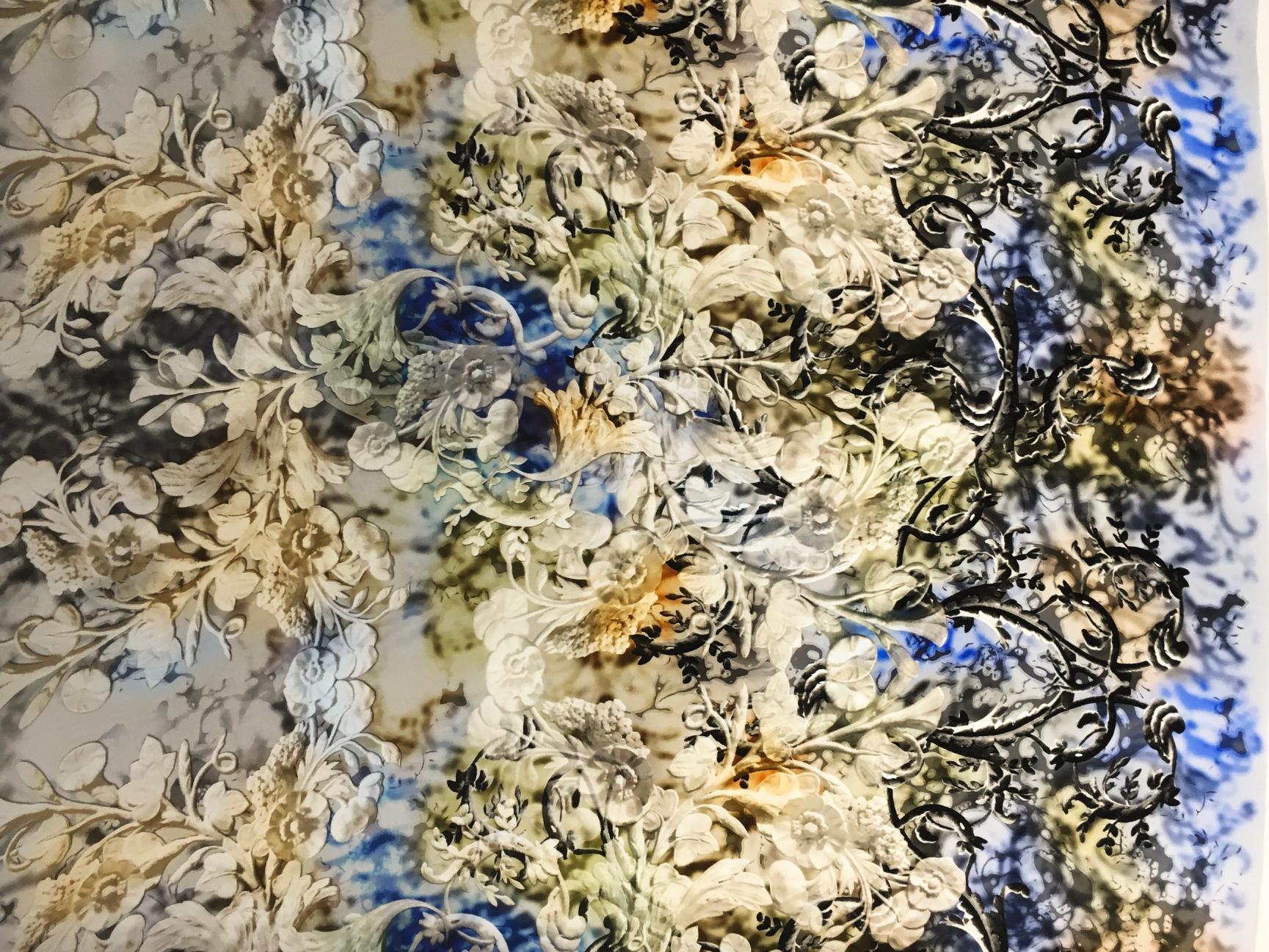 Printed Silk Gazar with Large Leaves and Filigree0