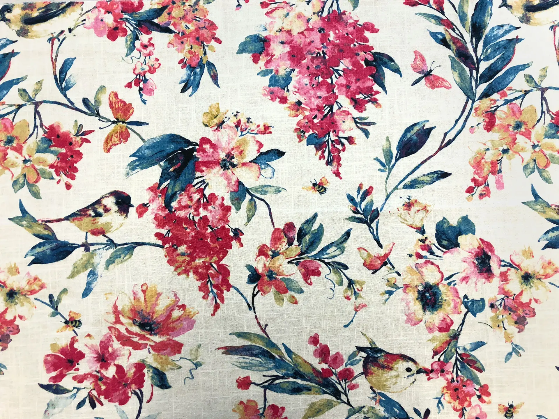 Linen Viscose Floral Birds Upholstery Print in Blueberry0