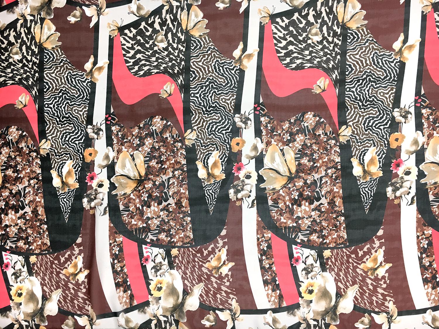 Printed Silk Chiffon with Butterflies and Abstract Geometric Patterns