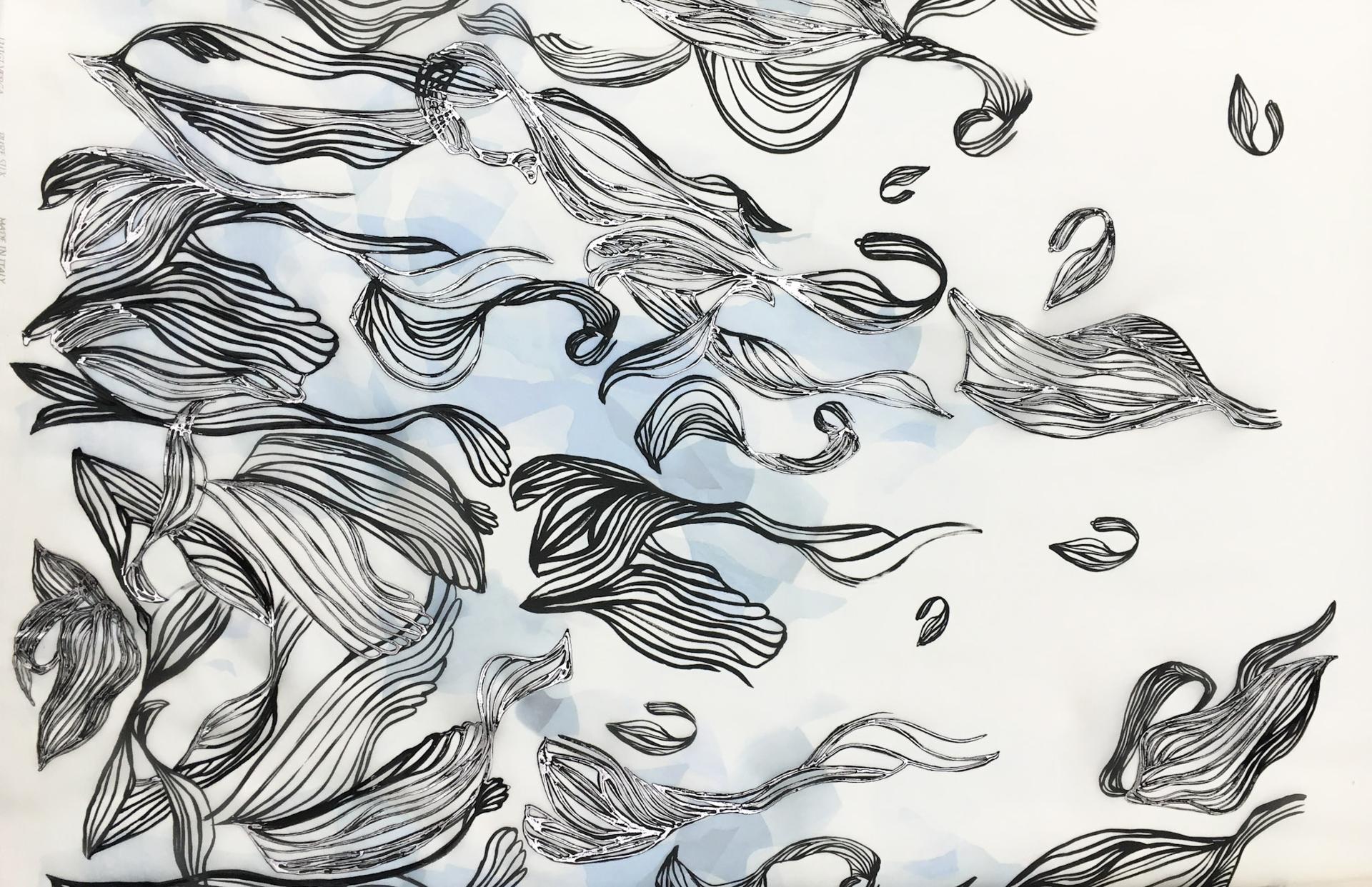 Abstract Leaf Hand Painted Silk Organza with Black Lacquer and Silver Metallic Paint0