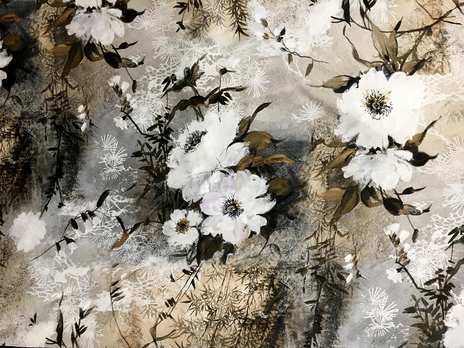 Silk Mikado with Printed Florals and Bamboo Trees0