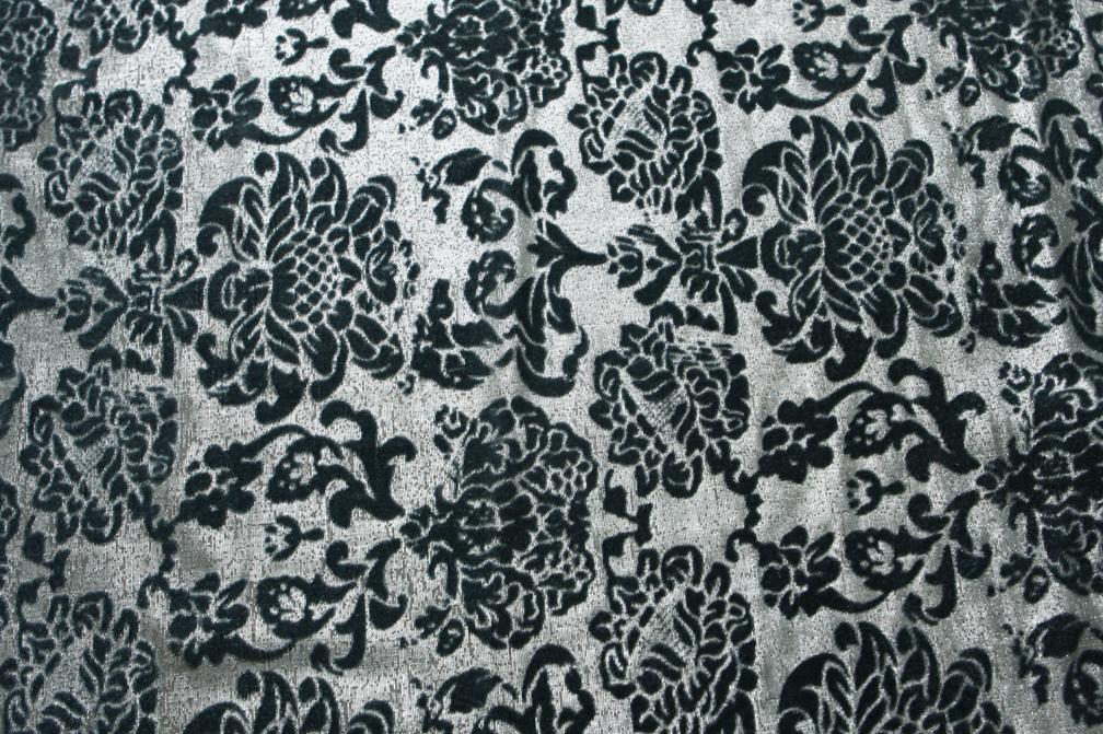 Silk Rayon Lurex BurnOut Velvet Black Floral On Grey Background