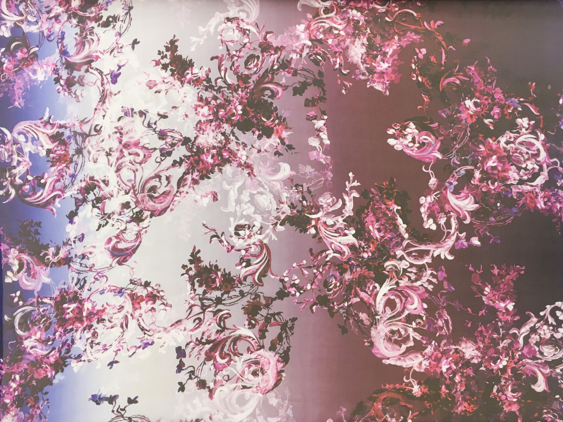 Detailed Printed Organza with Flowers and Swirls0