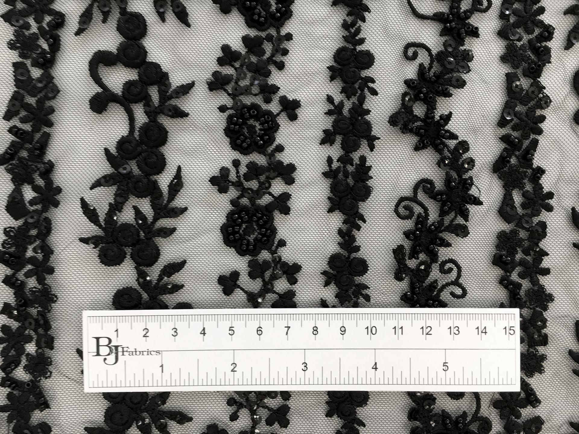 Beaded and Embroidered Tulle with Rows of Detailed Florals in Black1