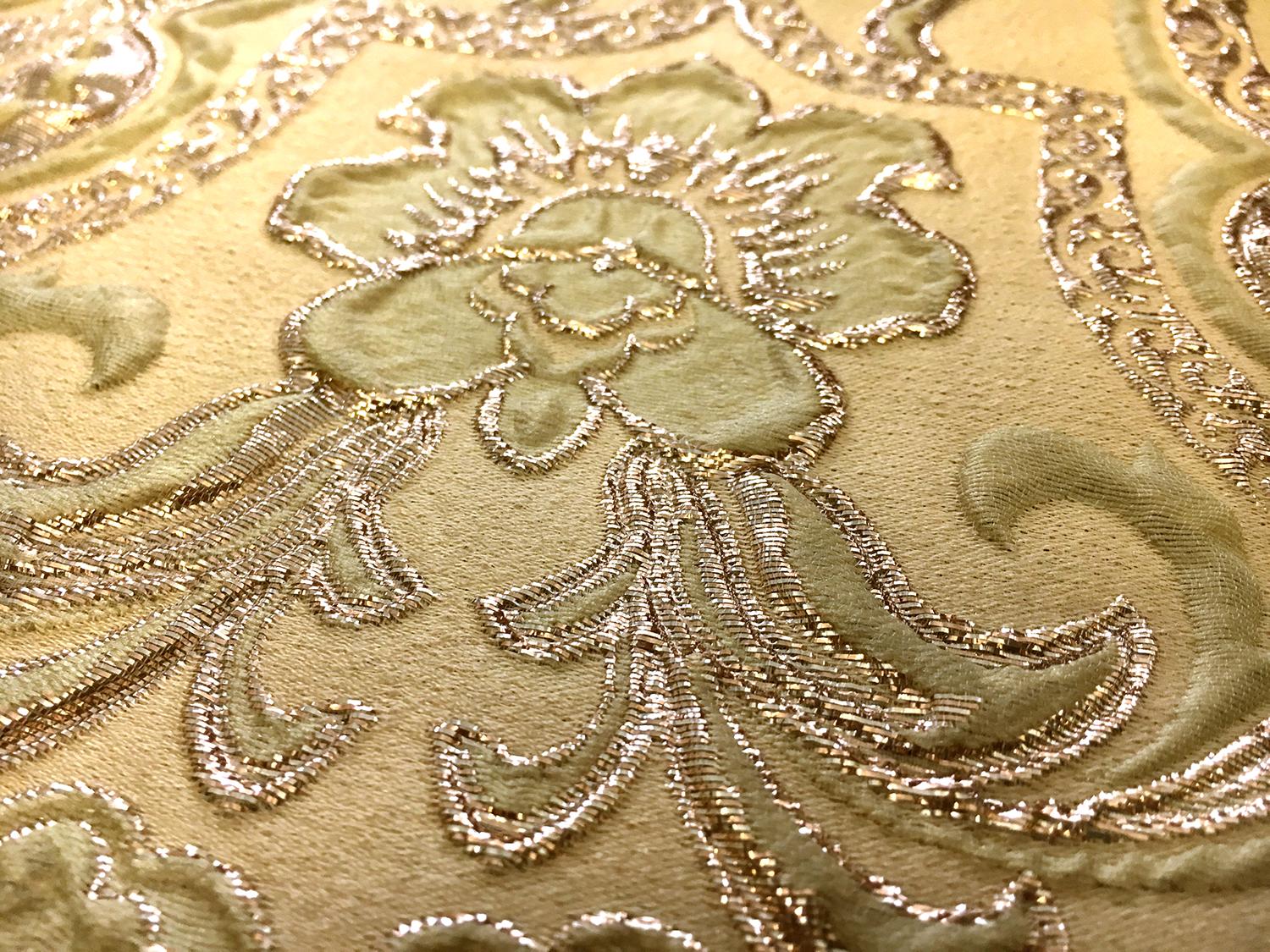 Silk Blend Metallic Cloqué Brocade with Rococo Floral Patterns2