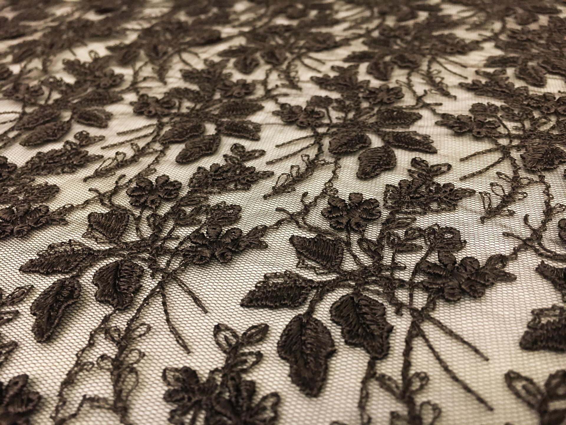 Brown Embroidered Illusion with Flowers and Leaves with Double Scallop2