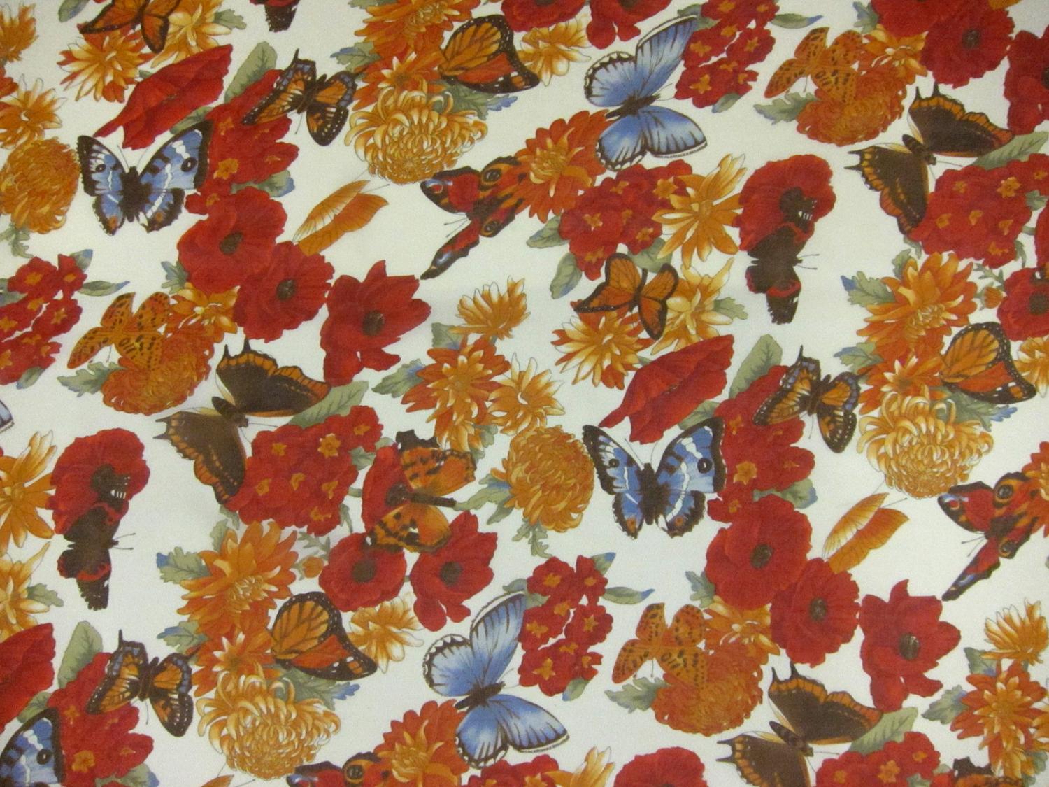 Printed Silk Chiffon Butterfly Animal Floral On Light Green Background