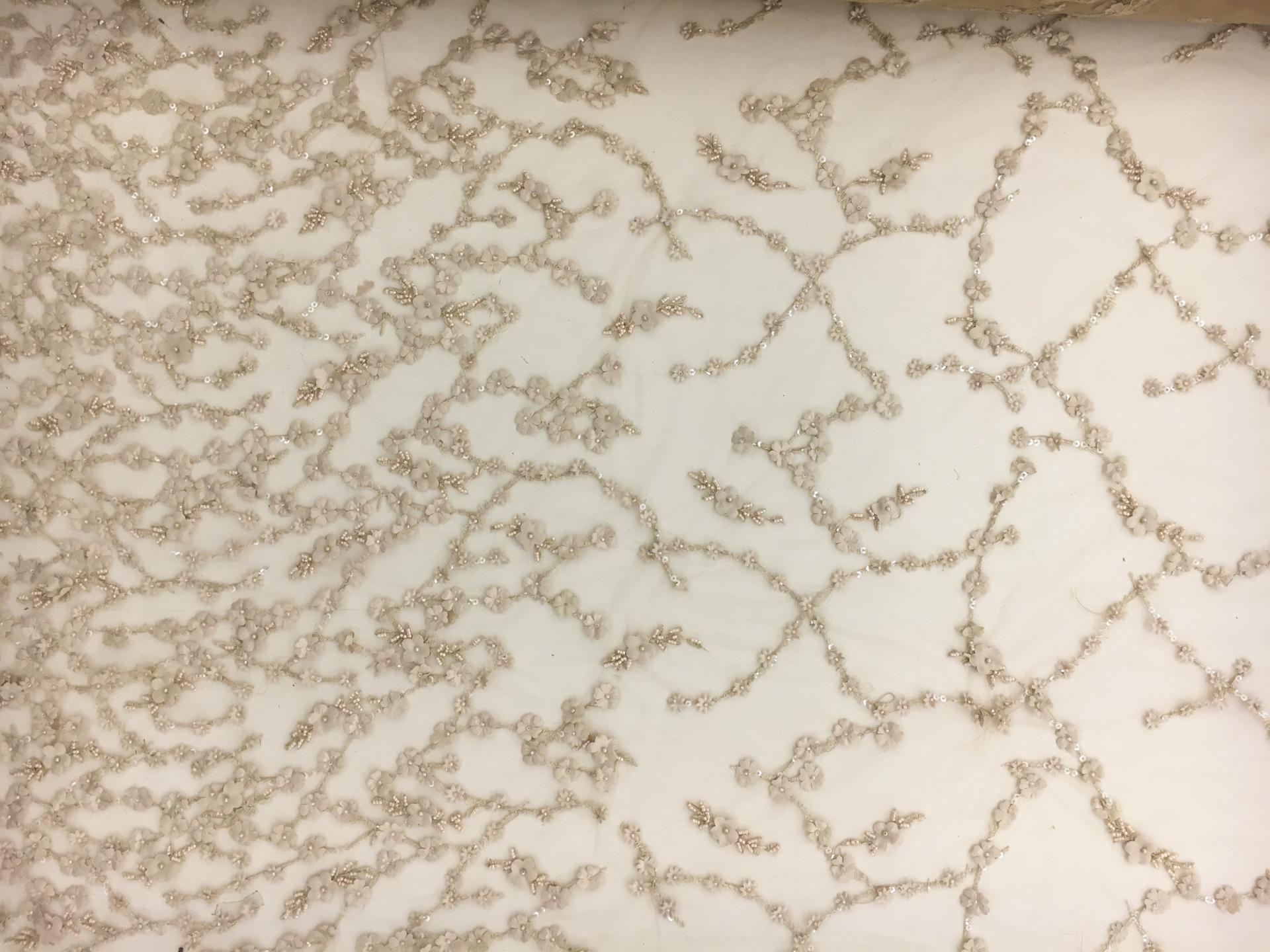 Beaded Tulle with Small Floral Appliques in Sand0