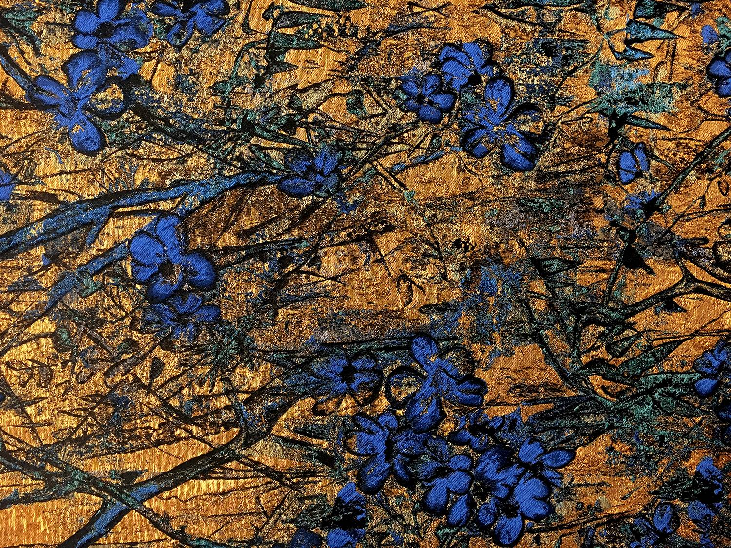 Antique Gold Floral Brocade Fabric with Blue Flowers0