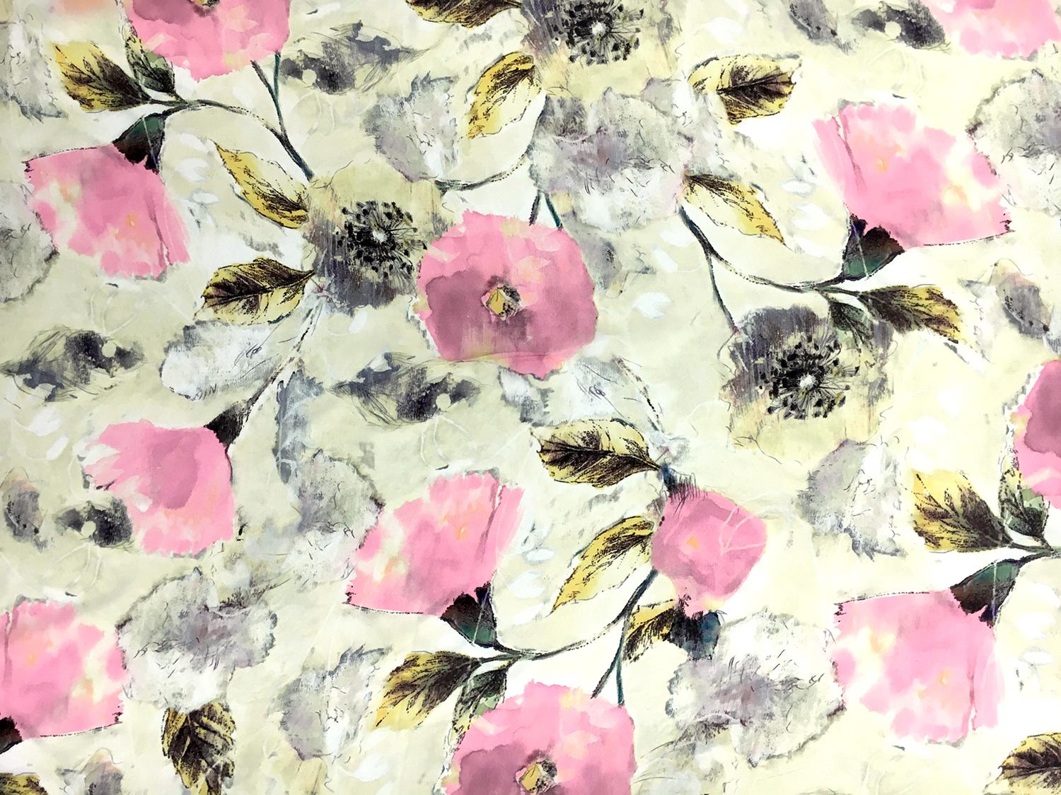Printed Silk Crepe de Chine with Water Color Poppies0